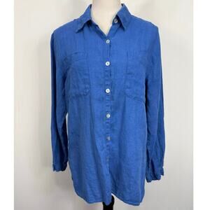 Vintage Chico’s 100% Linen Button Down Shirt Blue Lightweight Size 1 M/L Coastal